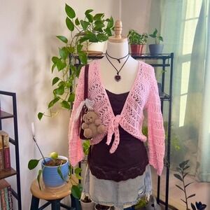 Vintage Y2K Faded Glory Pink Crochet Cardigan Tie Womens Medium Fairy Cottage